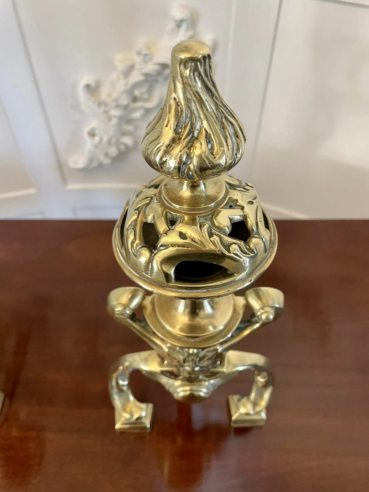 Fine Quality Pair Of Antique 19th Century Ornate Brass Fire Dogs photo 825.0