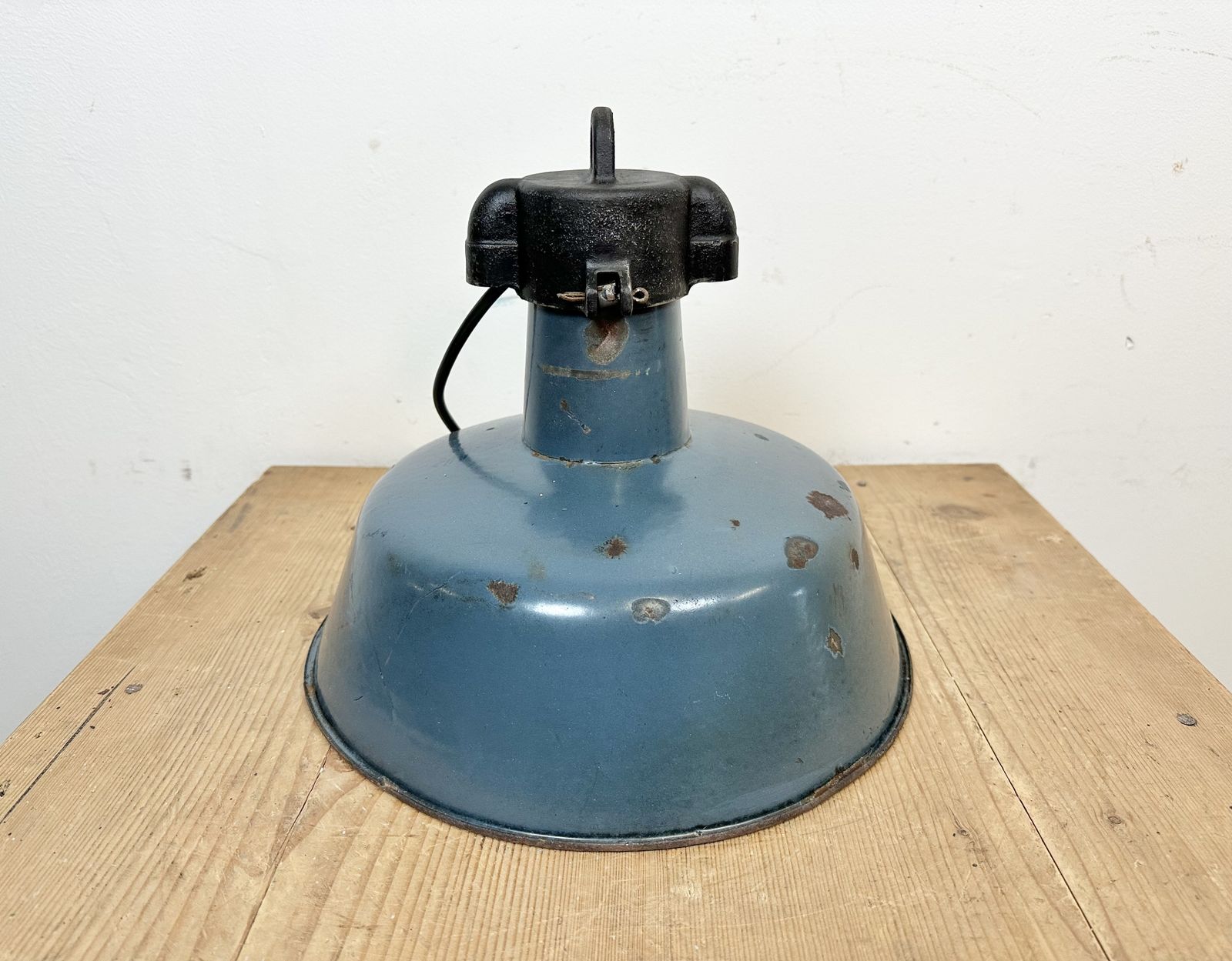 Industrial Blue Enamel Factory Lamp With Cast Iron Top, 1960s photo buy