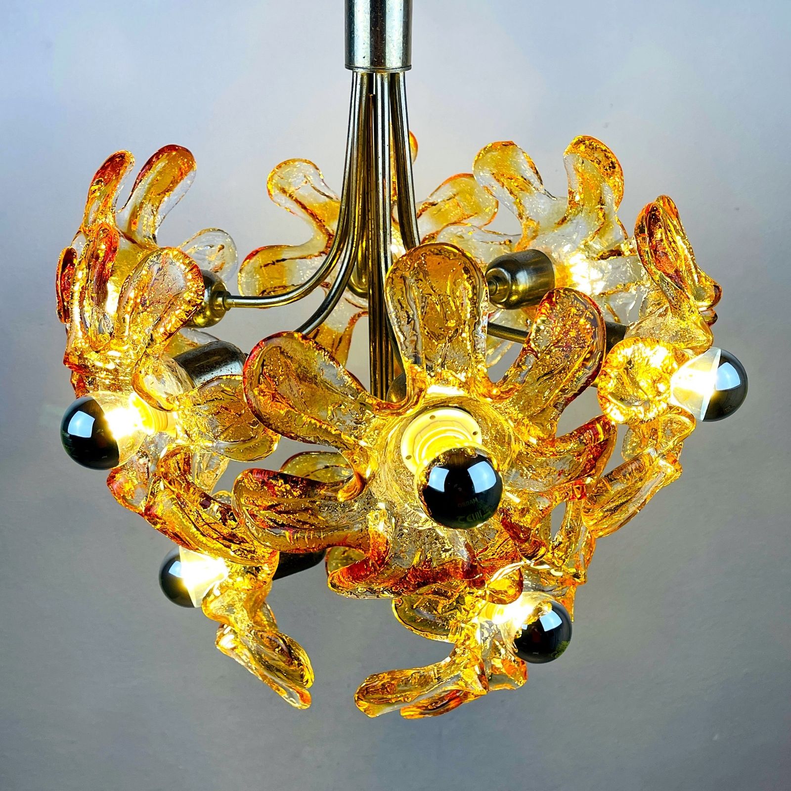 photo for sale Mid Century Amber Murano Chandelier Flower Mazzega Italy 1970s