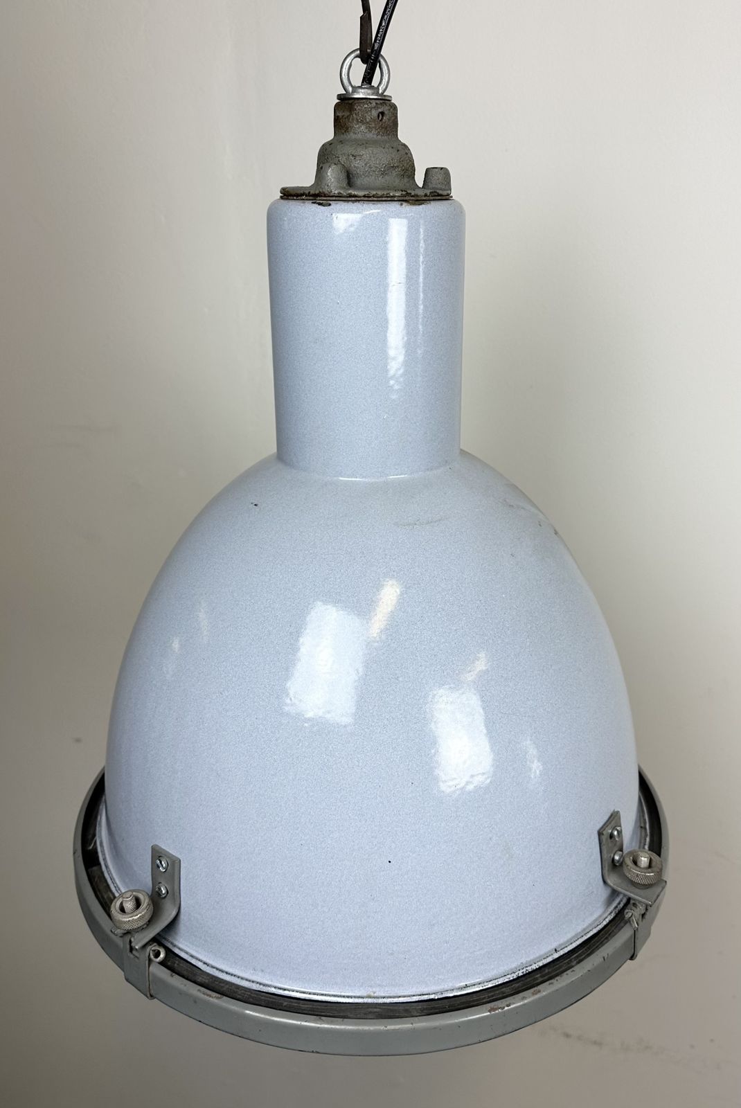 Bauhaus Grey Enamel Factory Pendant Lamp With Glass Cover, 1950s, 18x photo for sale