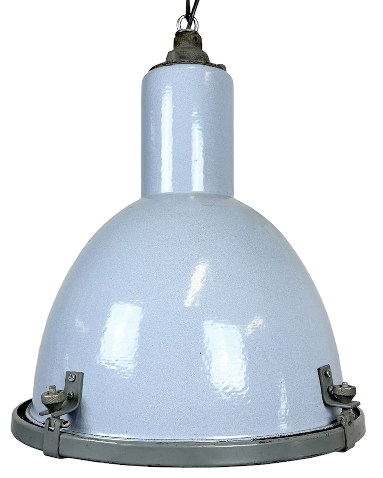 Bauhaus Grey Enamel Factory Pendant Lamp With Glass Cover, 1950s, 18x