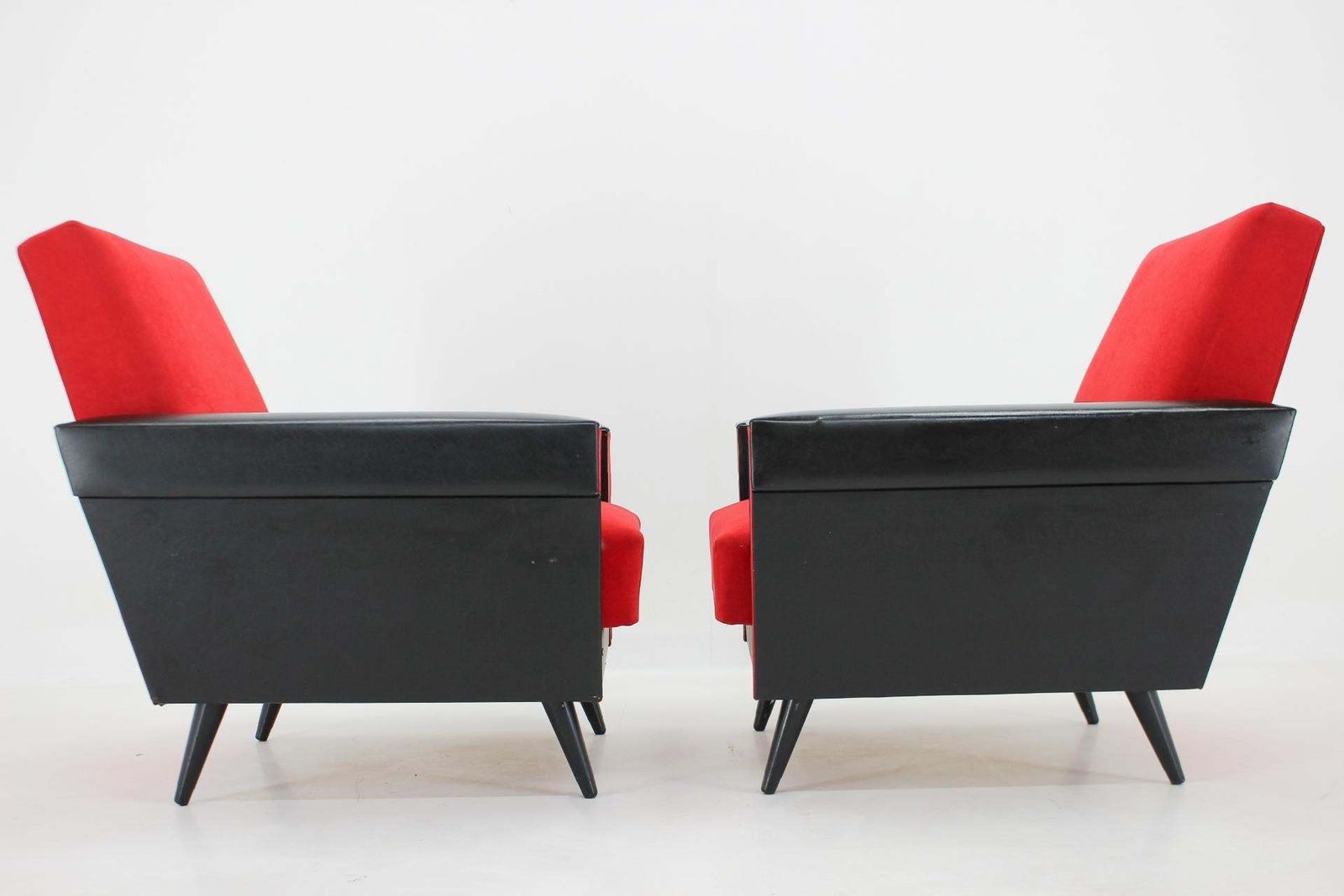 1970's Pair Of Leatherette And Red Fabric Armchairs, Czechoslovakia photo furniture