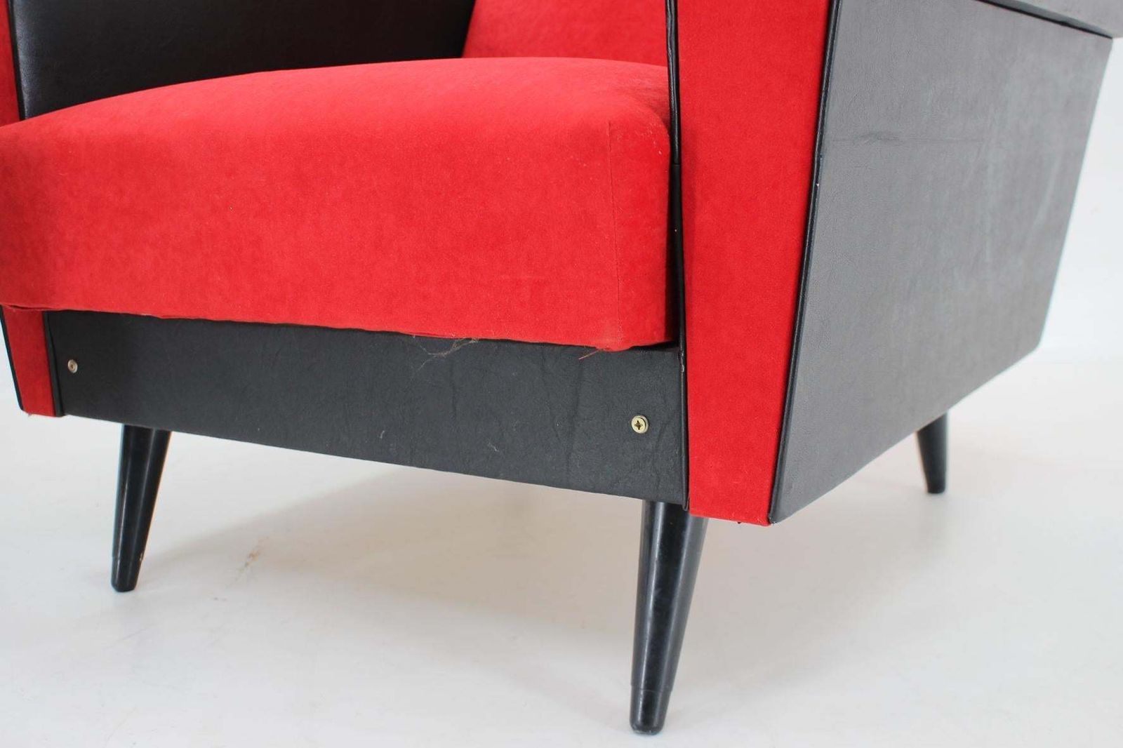 1284.0 1970's Pair Of Leatherette And Red Fabric Armchairs, Czechoslovakia photo