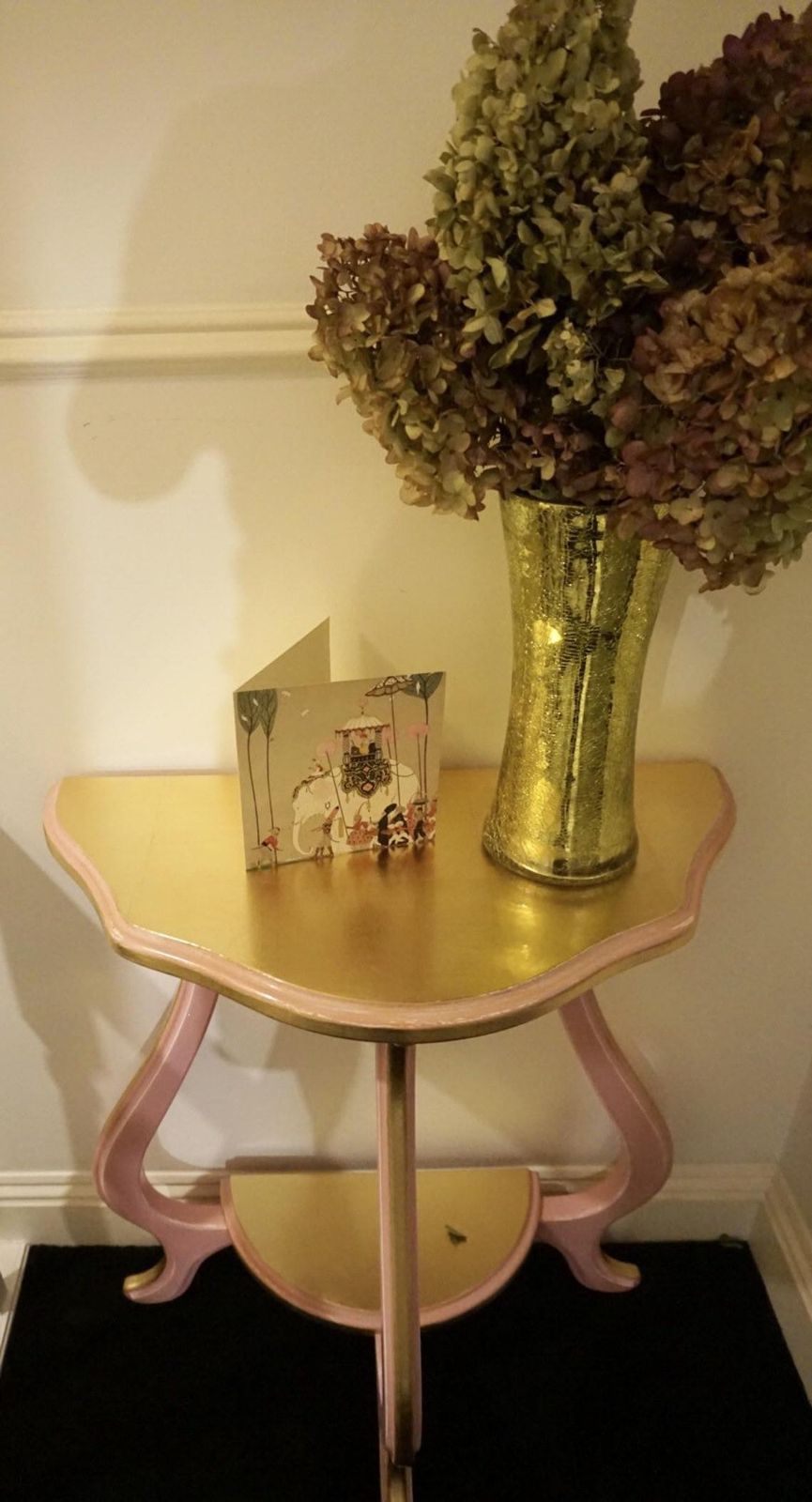 Half Moon Dusty Pink And Gold Console Table, With Curved Legs, Scalloped To Edge And Shelf. photo Furniture