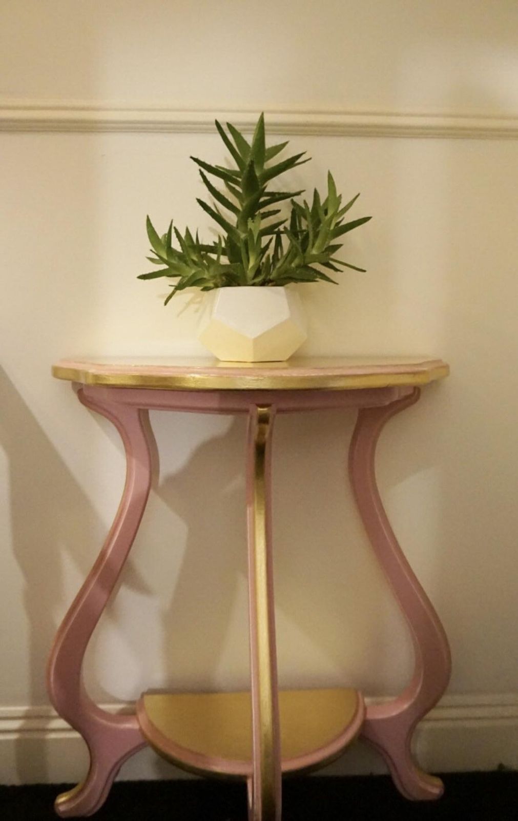 Half Moon Dusty Pink And Gold Console Table, With Curved Legs, Scalloped To Edge And Shelf. photo 325.0