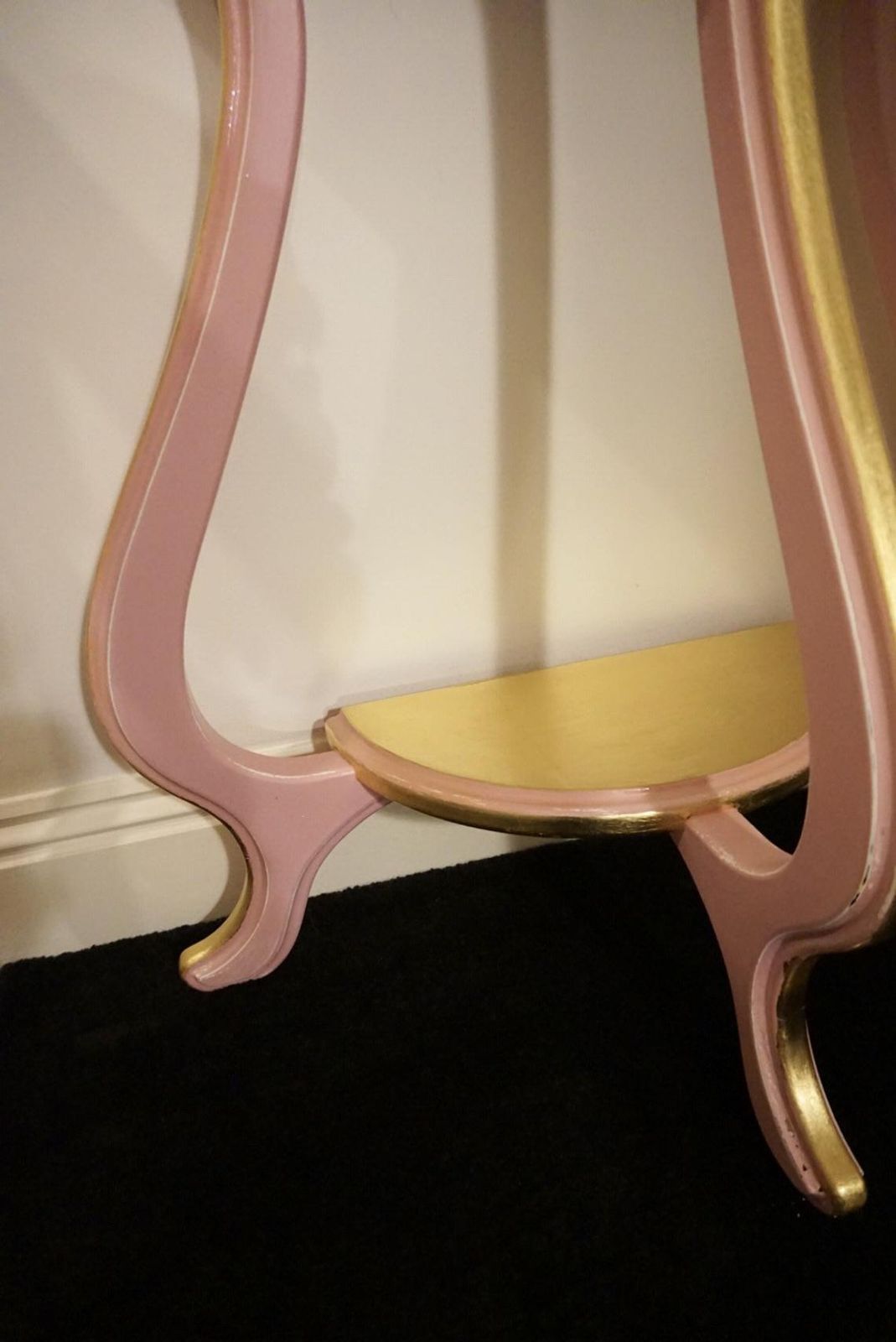 Half Moon Dusty Pink And Gold Console Table, With Curved Legs, Scalloped To Edge And Shelf. photo vinterior