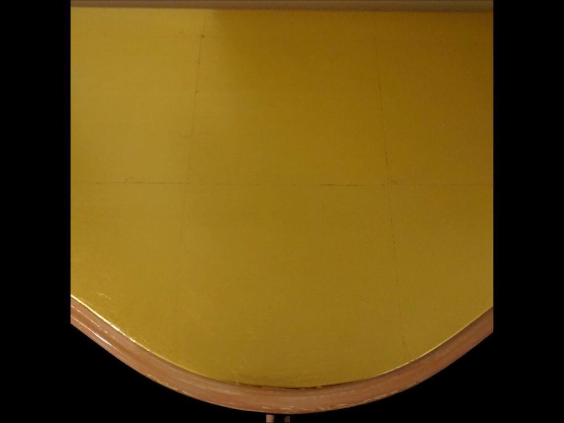 photo furniture Half Moon Dusty Pink And Gold Console Table, With Curved Legs, Scalloped To Edge And Shelf.