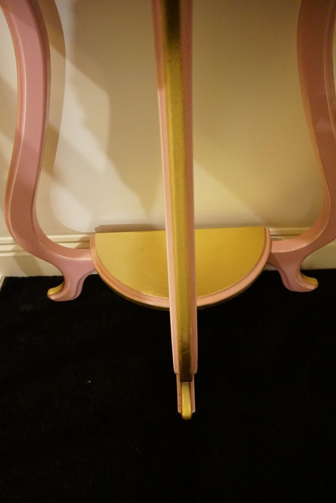 photo for sale Half Moon Dusty Pink And Gold Console Table, With Curved Legs, Scalloped To Edge And Shelf.