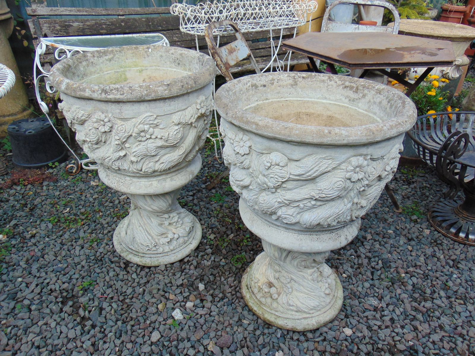 Pair Large Weathered Reconstituted Stone Urns Decorated With Flowers photo vinterior