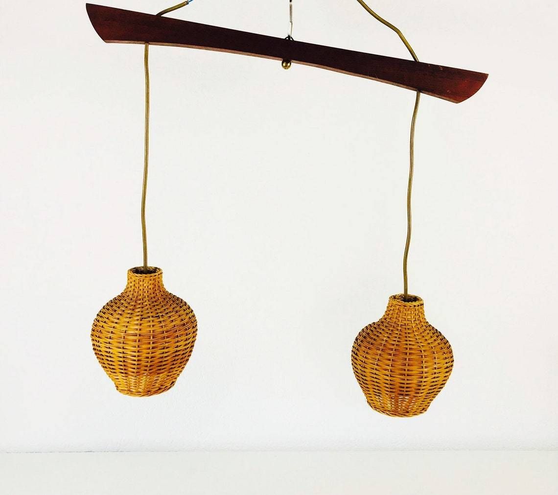 Mid Century Modern Rare Pendant Light   Rattan Shade   Teak Hanging Lamp   Cone Shape   1960s photo vinterior