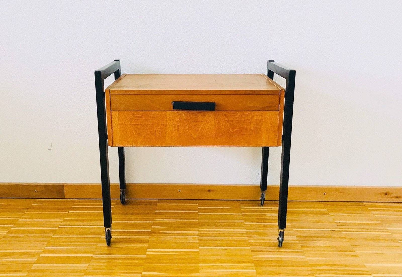Mid Centuy Modern Metan And Woodwn Sewing Box On Wheels   Germany   1960s