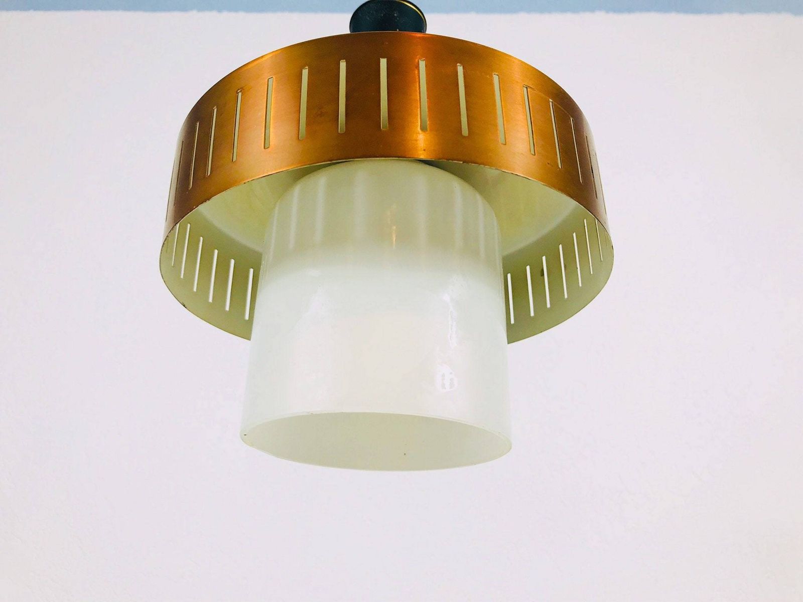 Copper Hanging Lamp   Metal Body   Opaline Glass Shade   Ddr Ceiling Lamp   1960s photo Lighting