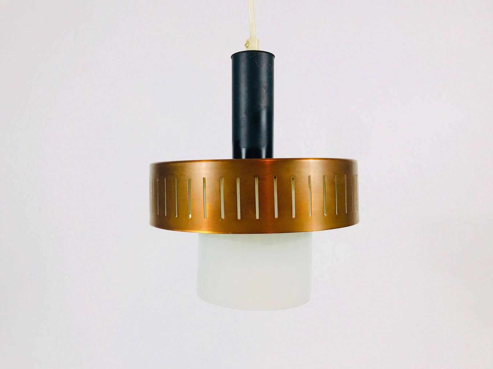Copper Hanging Lamp   Metal Body   Opaline Glass Shade   Ddr Ceiling Lamp   1960s photo vinterior