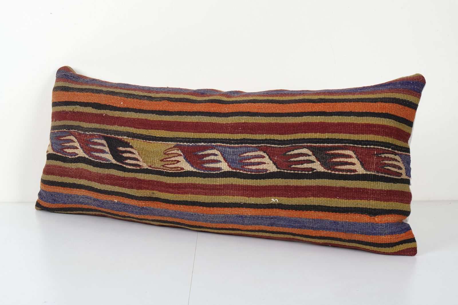Turkish Striped Long Kilim Lumbar Pillow Case With Red Color Anatolian Bedding Kilim Pillow Cover 16'' X 38'' photo furniture