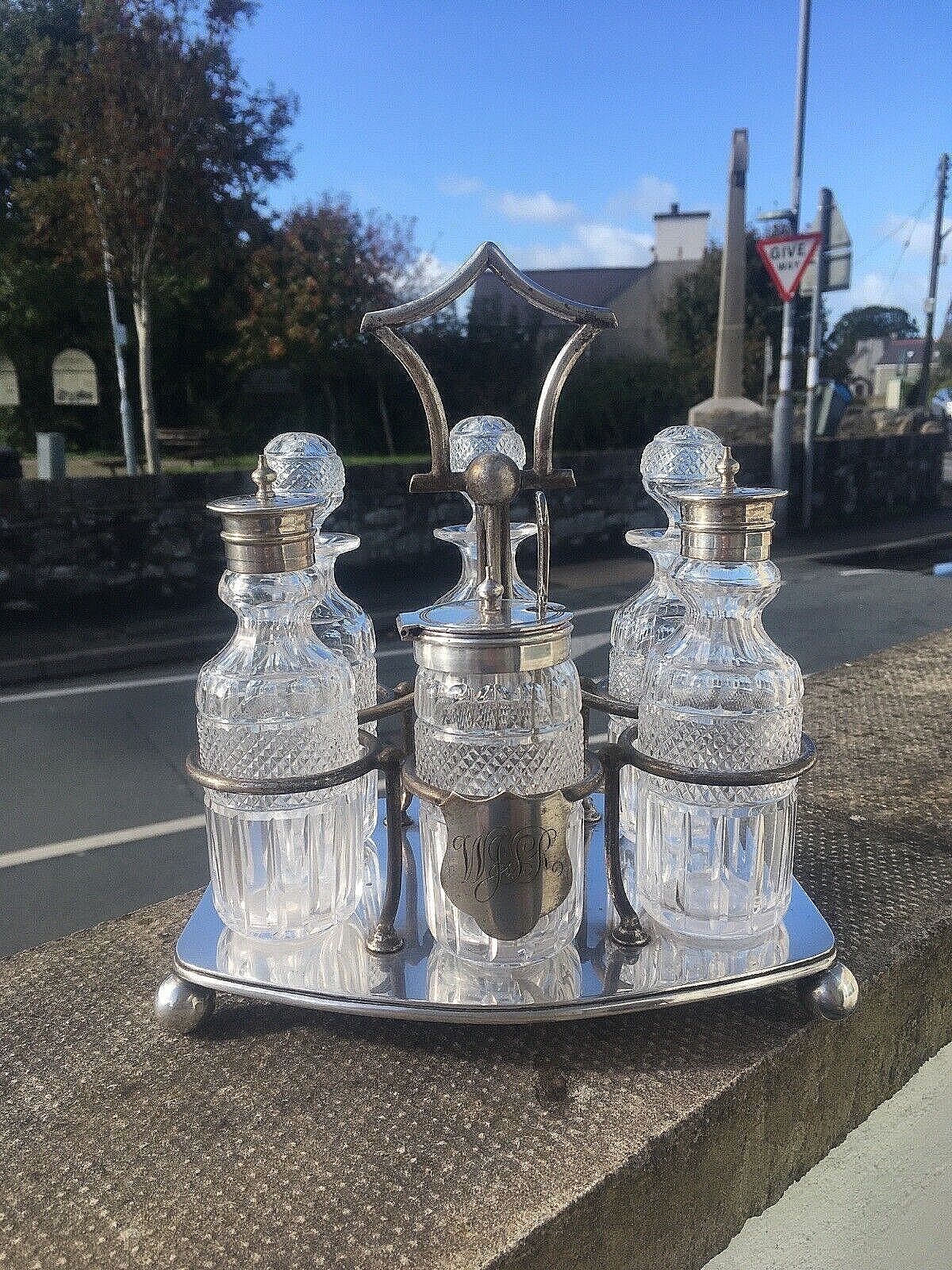 Exceptional Antique Richard Richardson 6 Bottle Cut Glass Cruet Set & Epns Stand