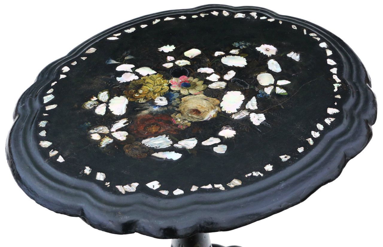 Antique Victorian C1880 Hand Decorated Inlaid Papier Mache Tea Supper Wine Table Tilt Top photo for sale