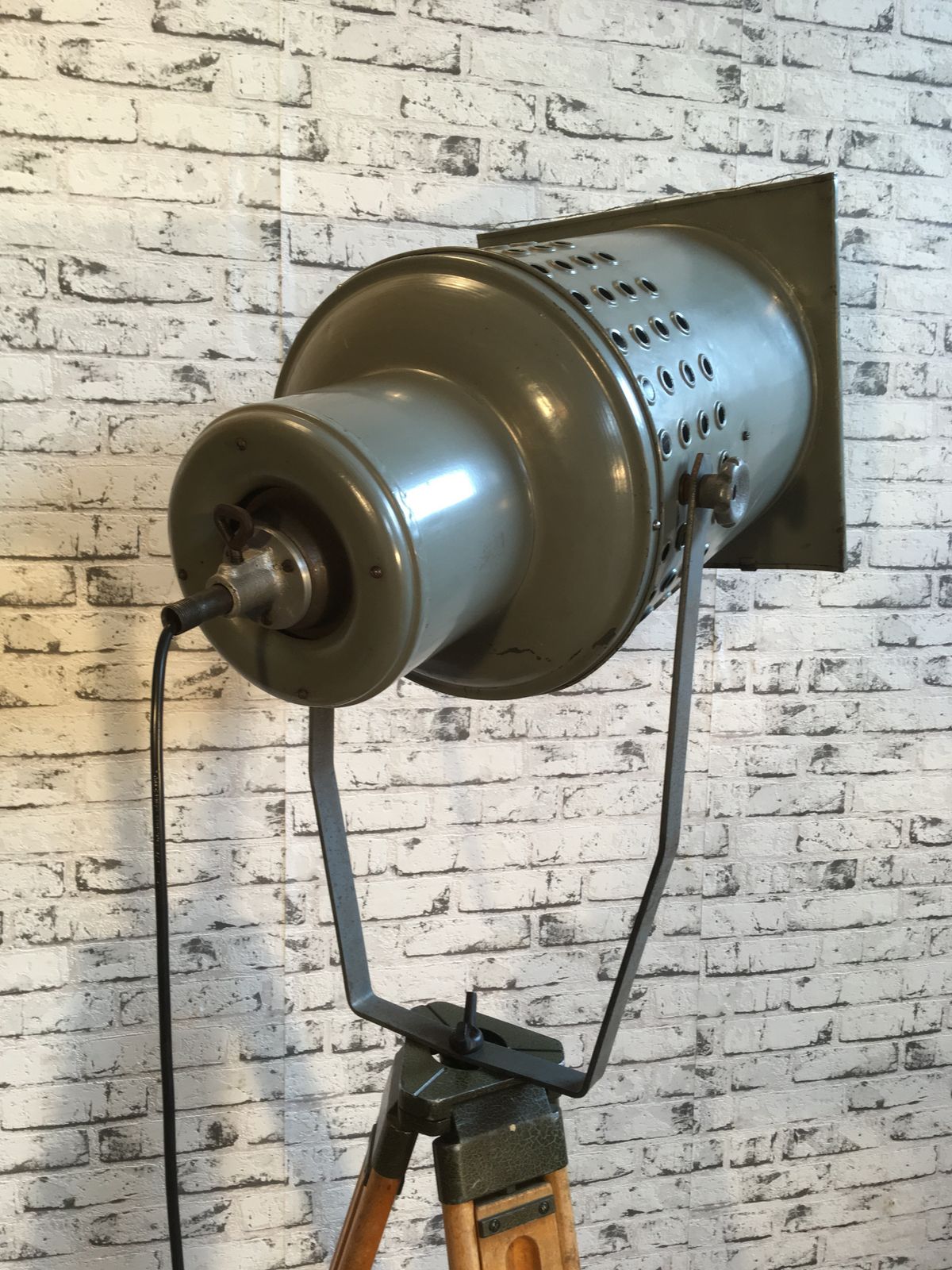 Large Grey Industrial Spotlight On Wooden Tripod, 2x photo 599.0