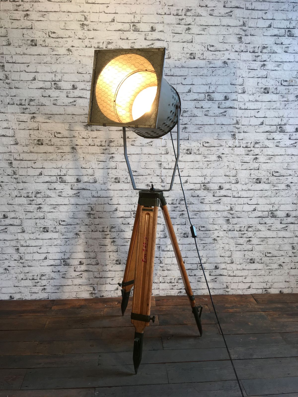 photo for sale Large Grey Industrial Spotlight On Wooden Tripod, 2x