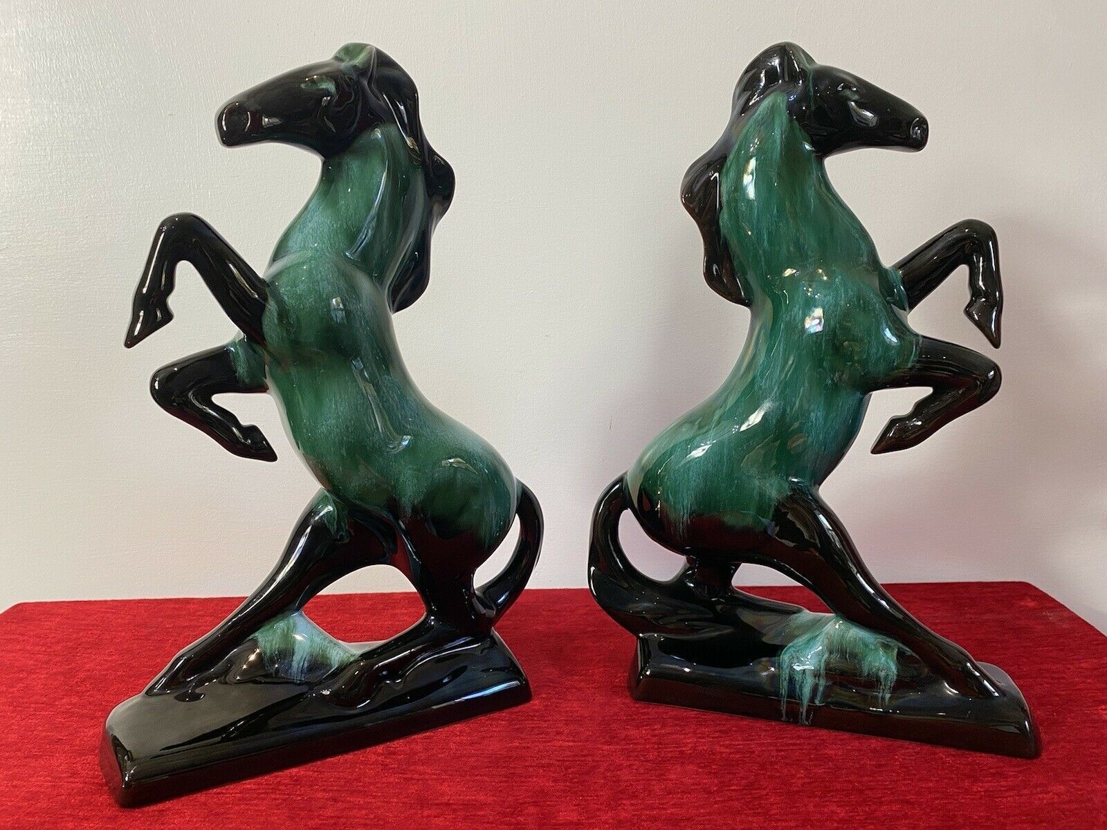 photo for sale Pair Of Art Deco Style Terracotta Teal Drip Glazed Rearing Stallion Figurines