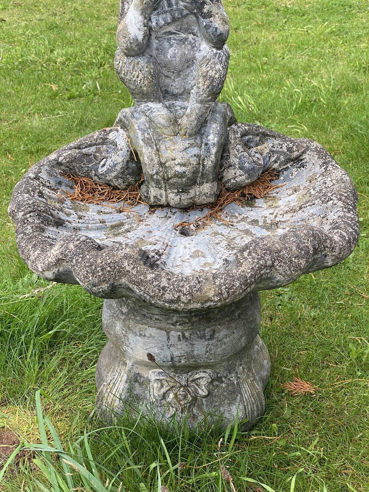 Mythological Water Feature Centrepiece Of Faun Boy Sat Upon Scalloped Bowl photo vintage