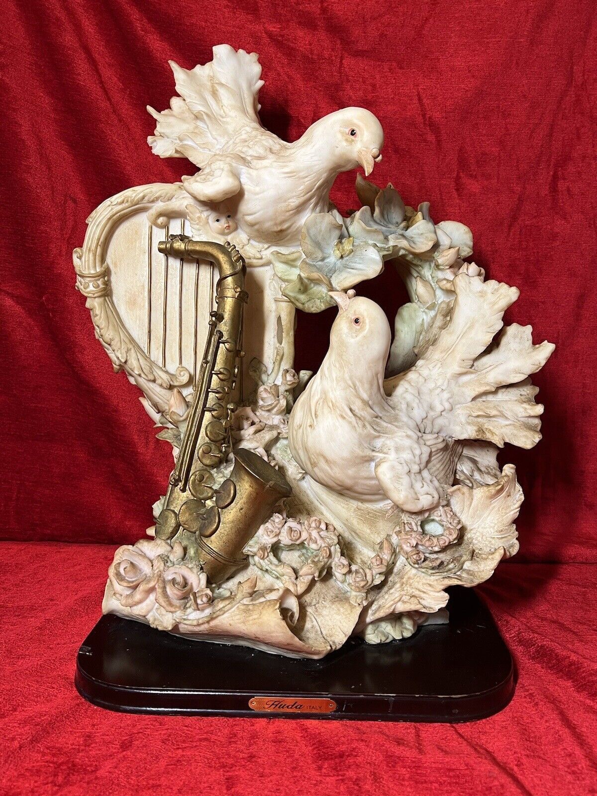Large Italianate Romantic Turtle Doves Musical Showpiece On Wood Plinth Signed