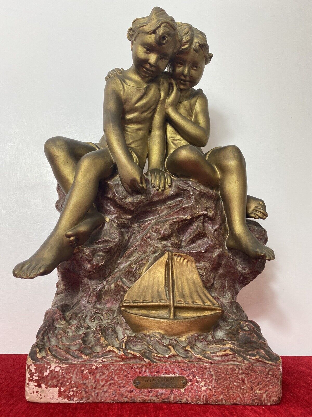 French Art Nouveau Gilt Children Upon Rock With Sailboat Rouge Marbled Sculpture photo for sale