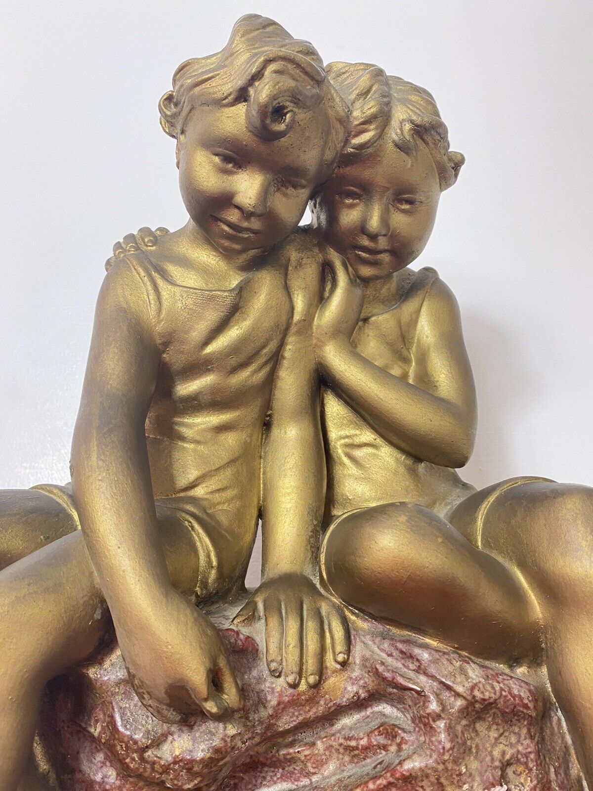 French Art Nouveau Gilt Children Upon Rock With Sailboat Rouge Marbled Sculpture photo 495.0