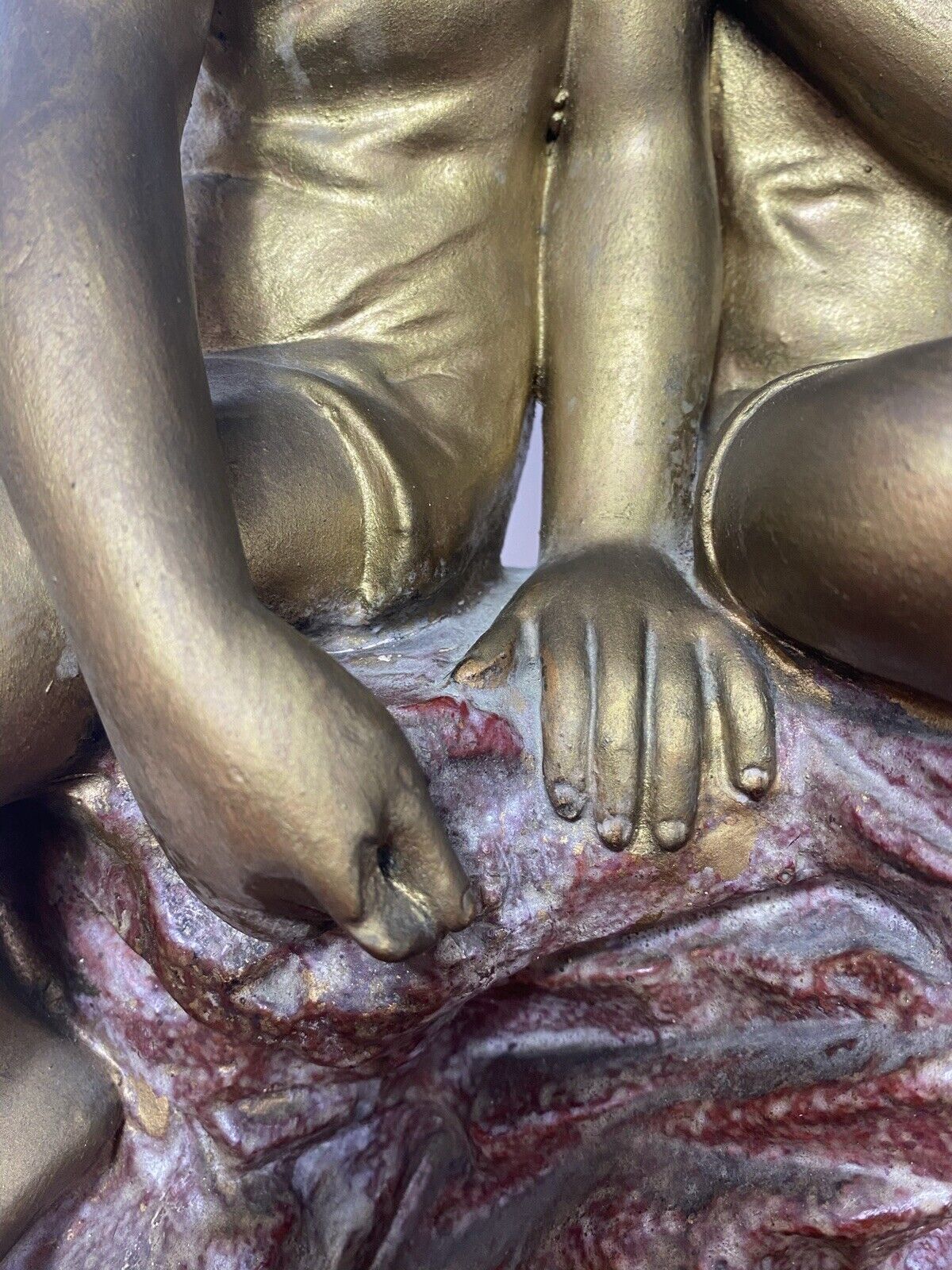 French Art Nouveau Gilt Children Upon Rock With Sailboat Rouge Marbled Sculpture photo vinterior