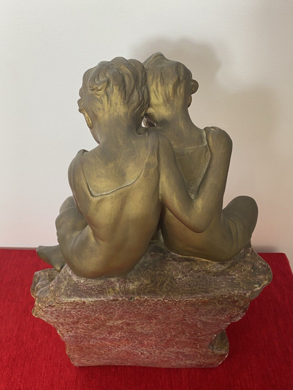 photo vintage French Art Nouveau Gilt Children Upon Rock With Sailboat Rouge Marbled Sculpture