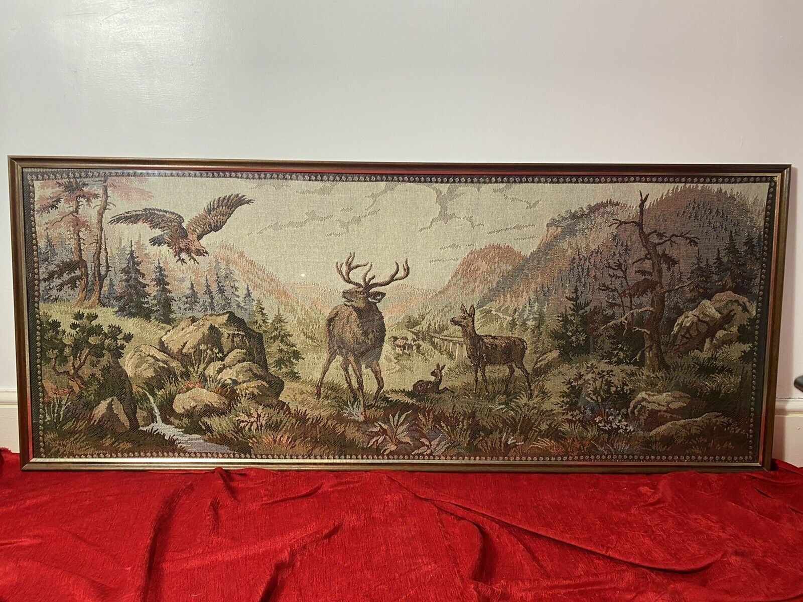Large Canadian Tapestry Artwork Of Stag And Hind In Rockies Landscape photo furniture