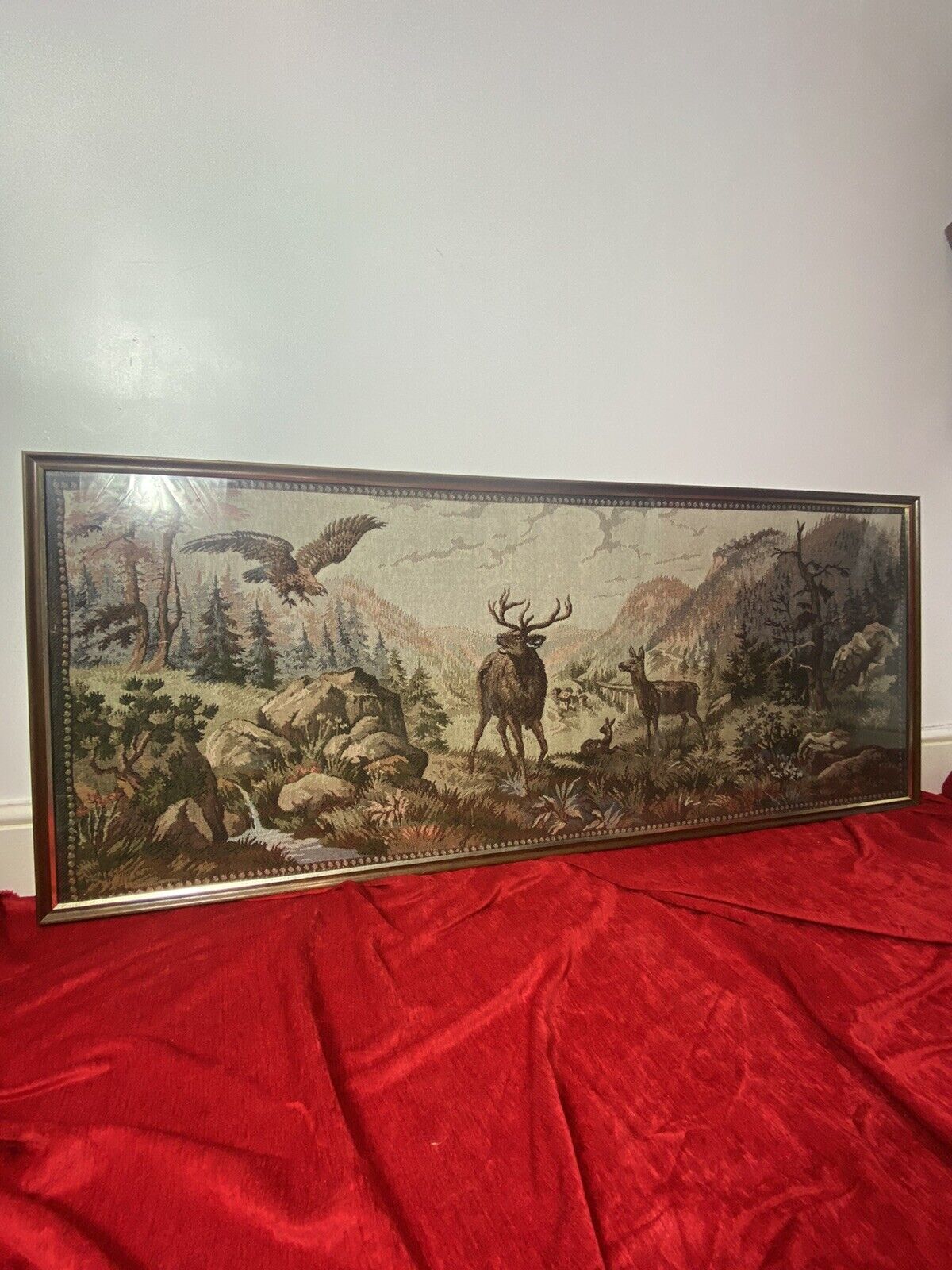 Large Canadian Tapestry Artwork Of Stag And Hind In Rockies Landscape photo 350.0