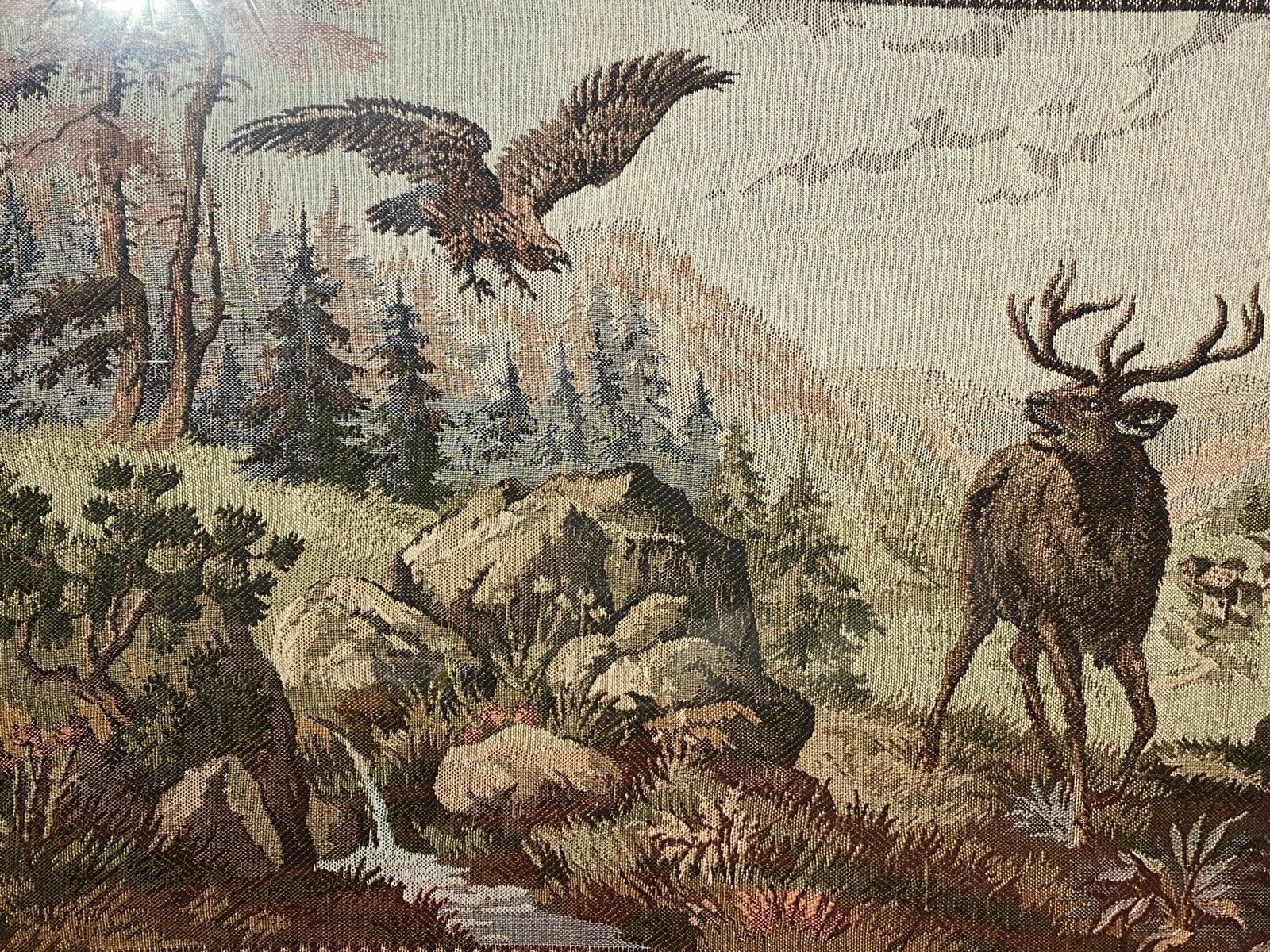 Large Canadian Tapestry Artwork Of Stag And Hind In Rockies Landscape photo vinterior