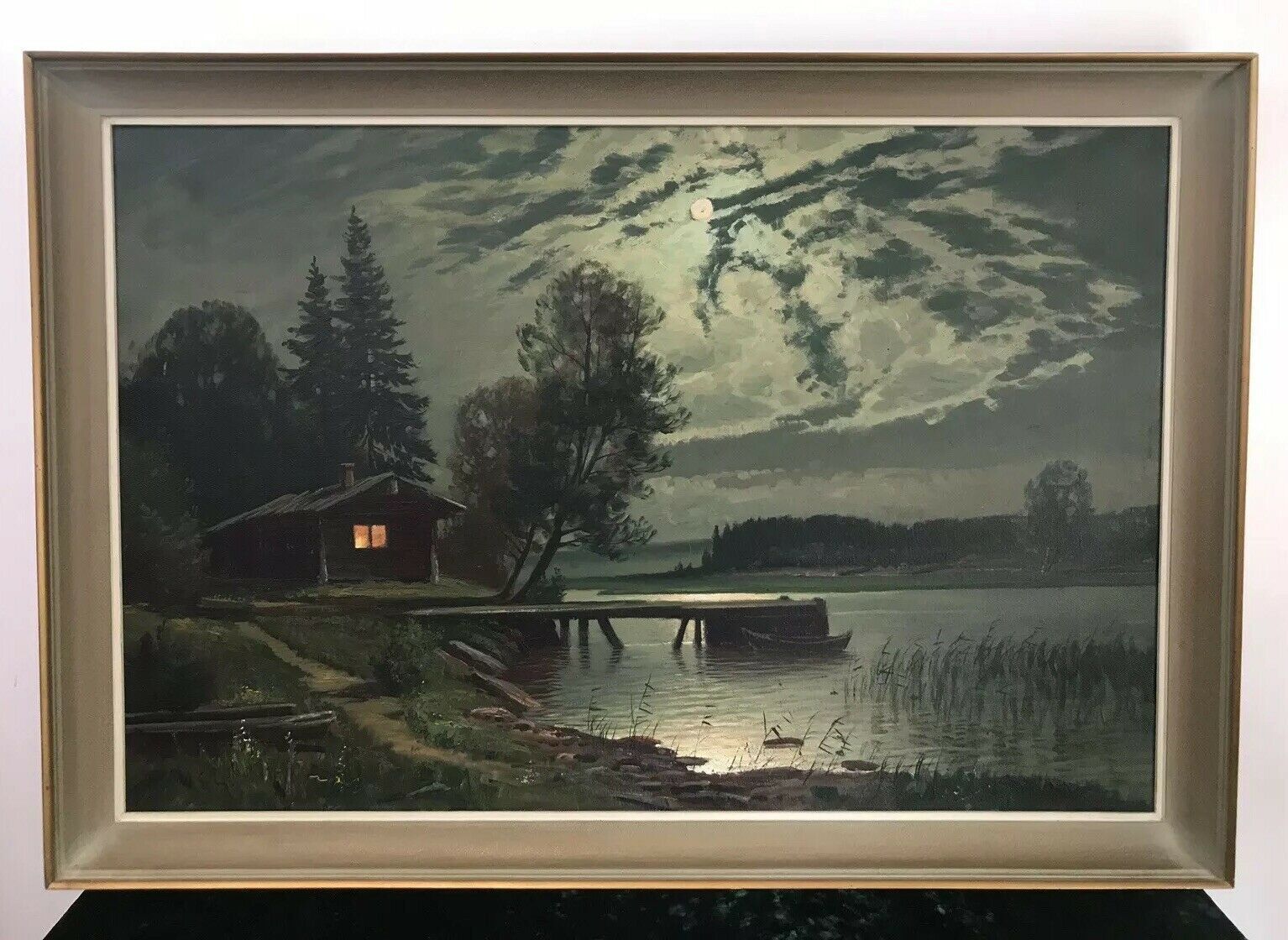 Fine Art Swedish Oil On Canvas Landscape Moonlight On The River Signed By Artist