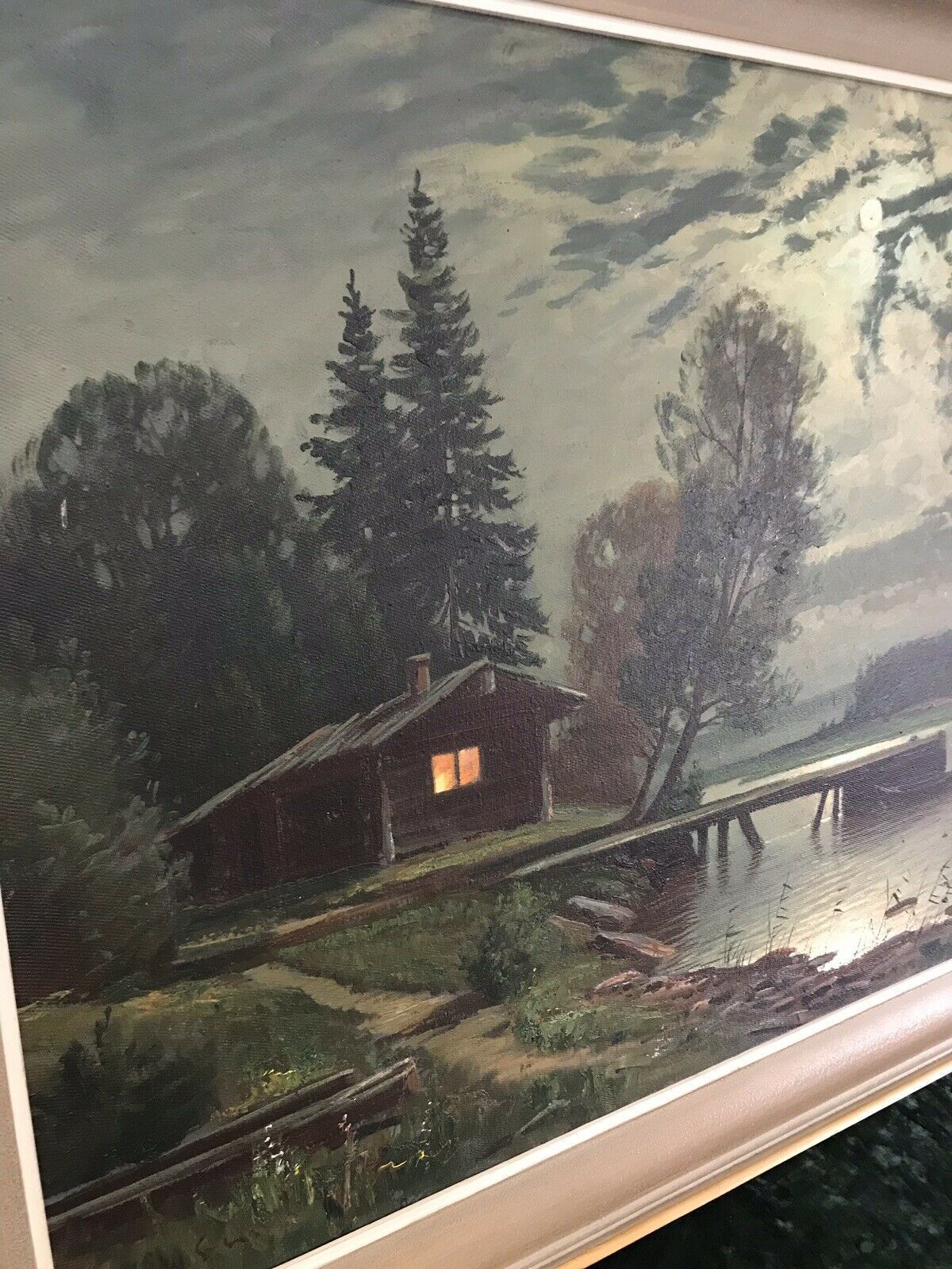 Fine Art Swedish Oil On Canvas Landscape Moonlight On The River Signed By Artist photo vinterior