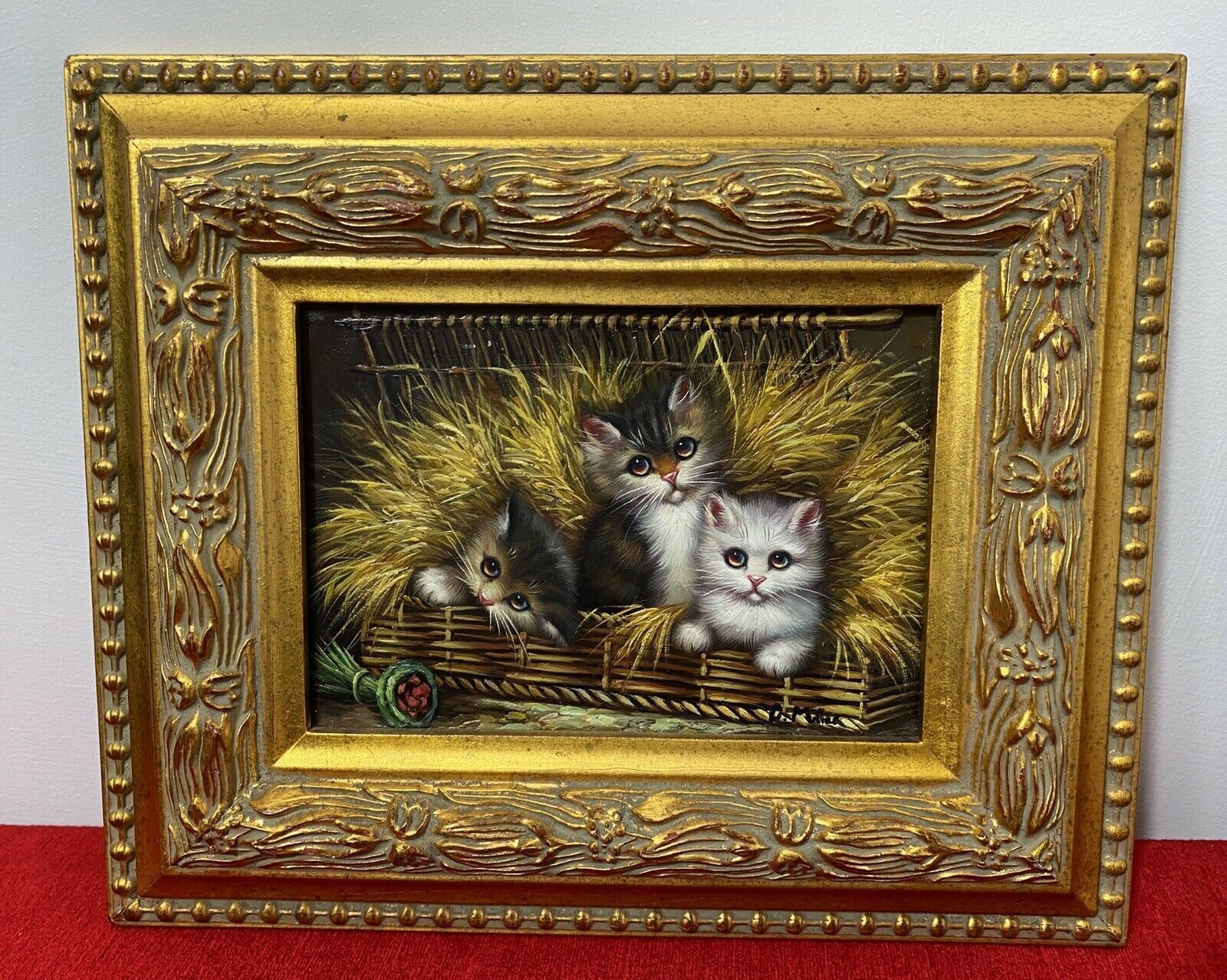 Pair Of Charming Animal Lovers Kitten Oil Paintings By Artist D Miller photo for sale