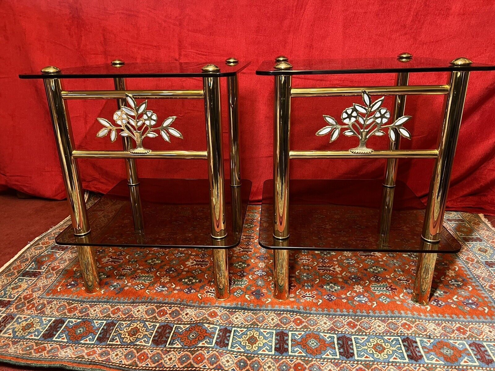Pair Of Italian Designer Brass Maritime Side Tables With Pearl Inlaid Bouquets photo Furniture