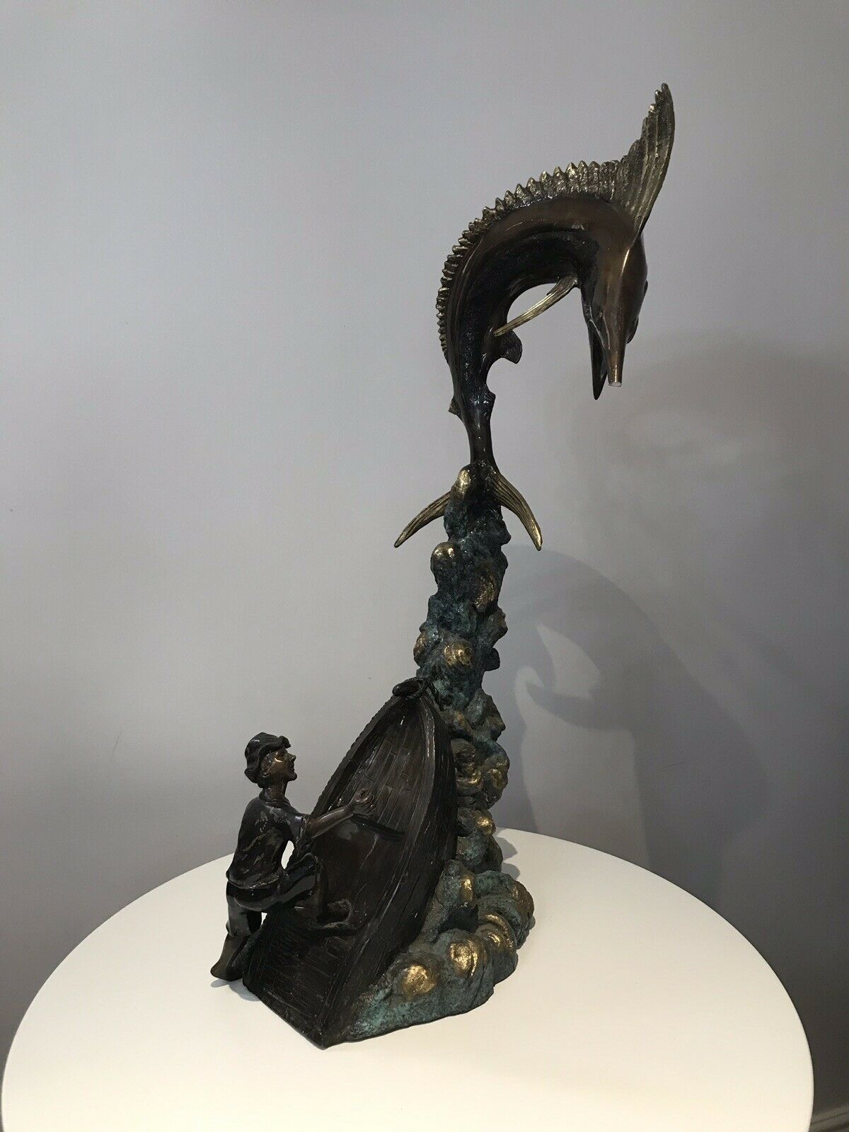 Vintage 20th Century Quality Bronze Statue Merlin Fish & Fishing Boat Capsized photo furniture