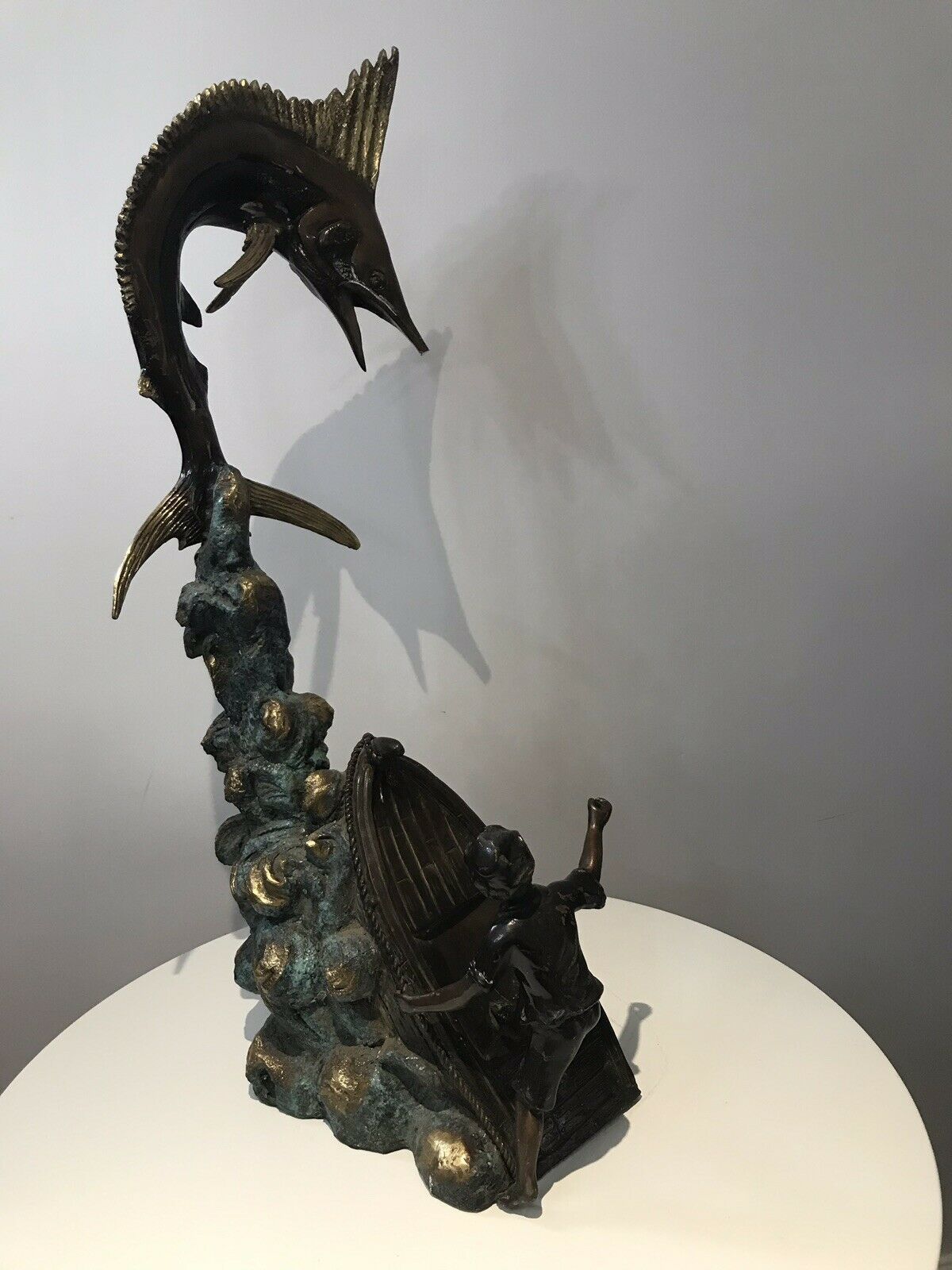 photo vintage Vintage 20th Century Quality Bronze Statue Merlin Fish & Fishing Boat Capsized