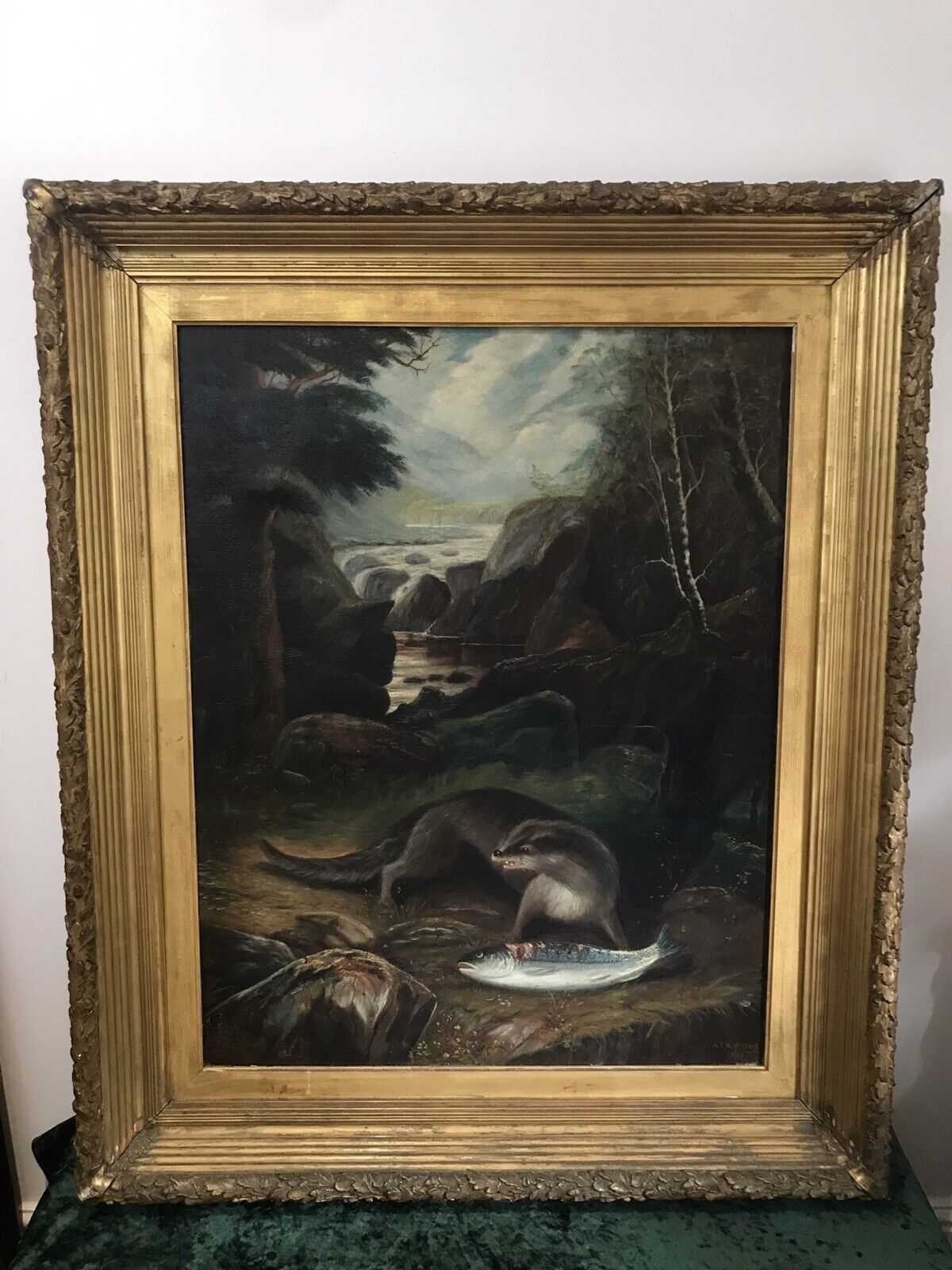 Fine Oil On Canvas Painting Otter Eating A Fish On The Bank Of Loch Lomond photo furniture
