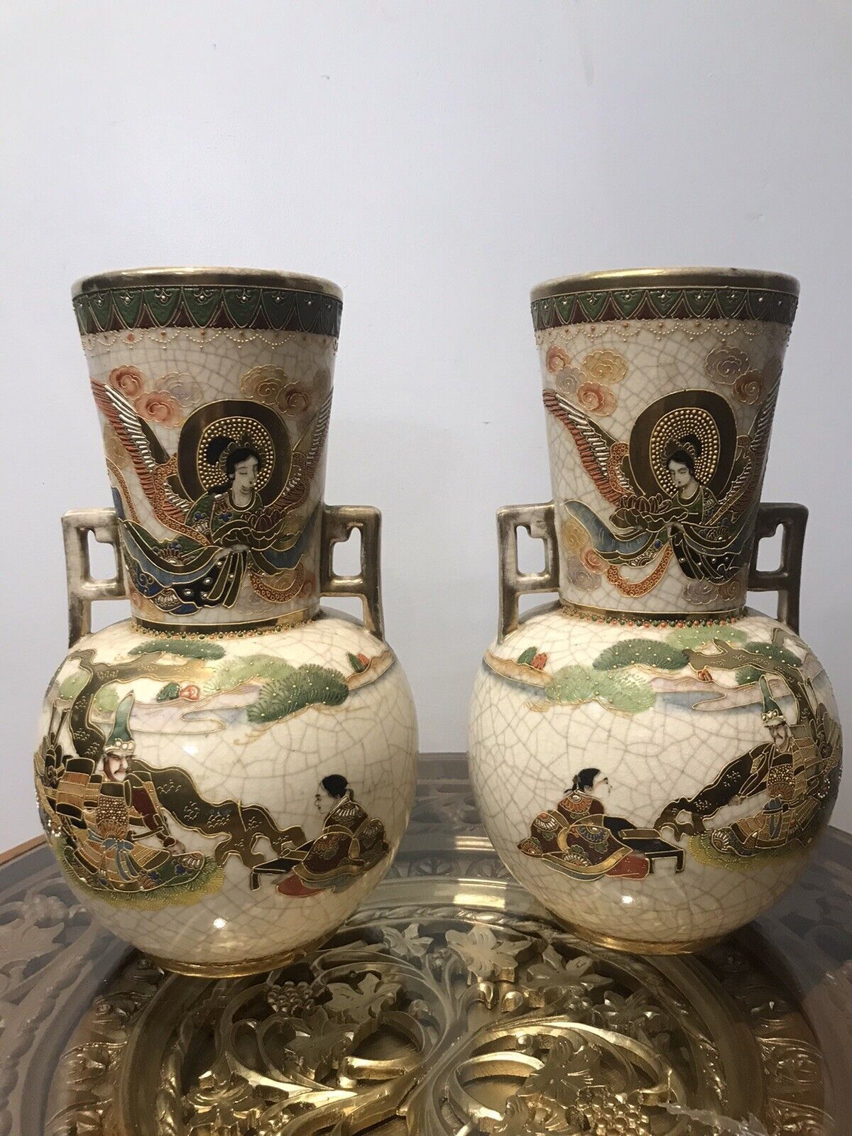 Antique Pair Of Japanese 19th Century Cracked Glaze Arch Angel Satsuma Vases photo Home Decor