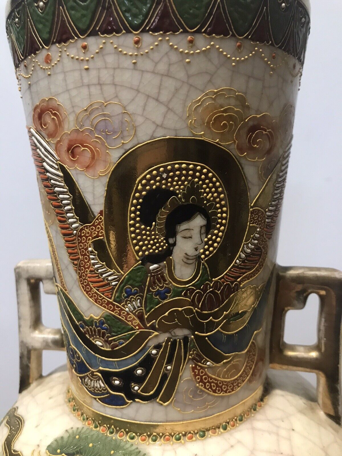 Antique Pair Of Japanese 19th Century Cracked Glaze Arch Angel Satsuma Vases photo buy