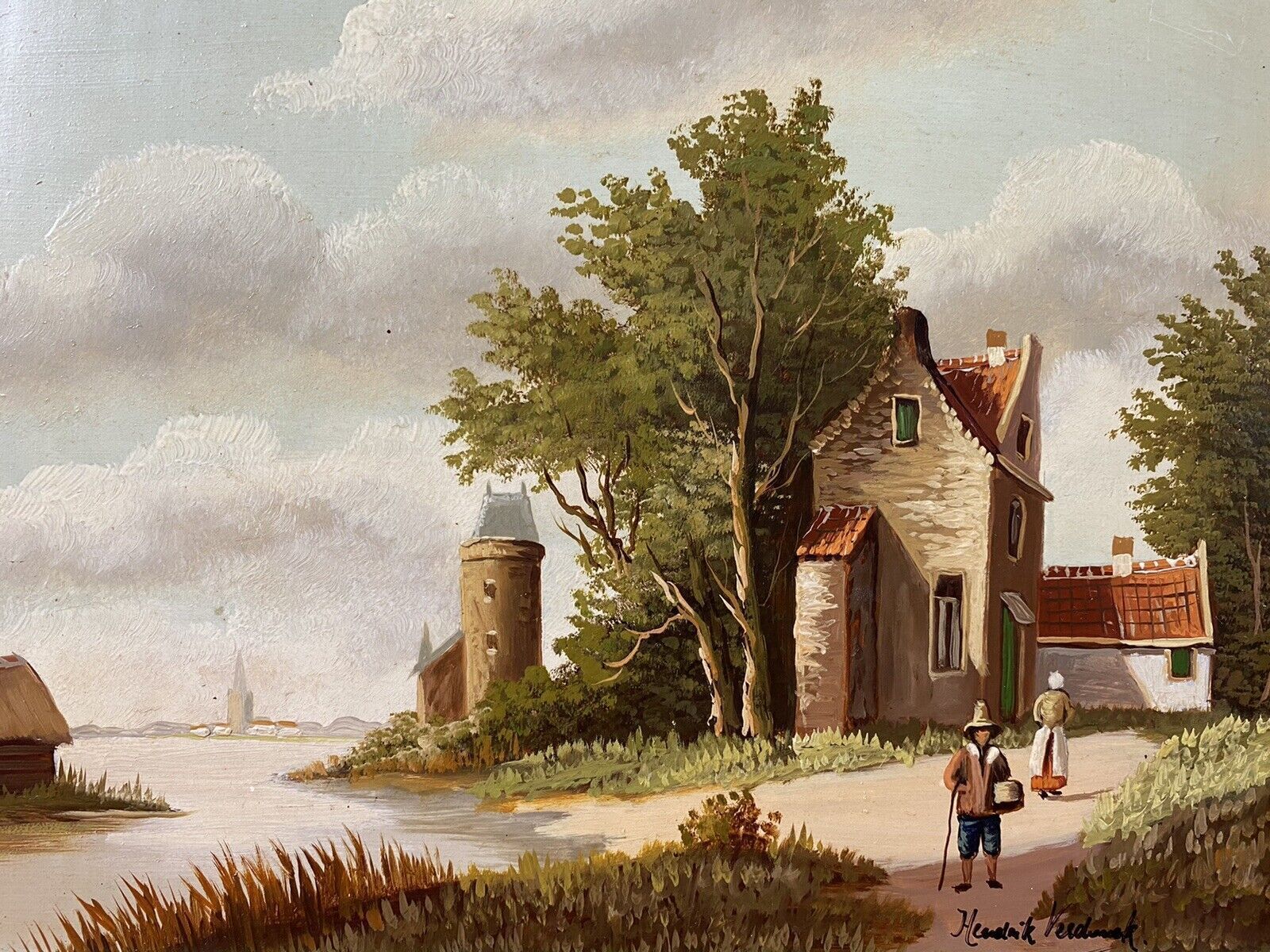 Early 20th Century Dutch Landscape Painting On Oak Panel Signed In Gilt Frame photo for sale