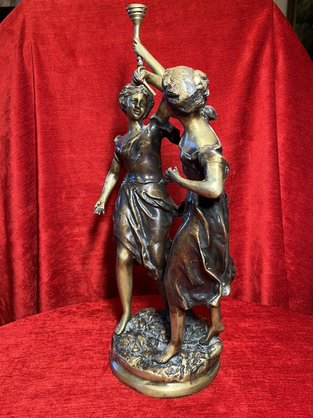 Ernest Rancoulet Bronze Sculpture Of Two Ladies Lighting Torcher Titled Olympia photo vintage