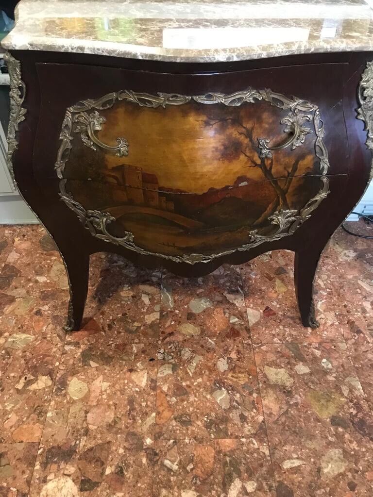 French Ormolu Louis Vxi Style Bombé Commode Chest With Carrera Marble Top