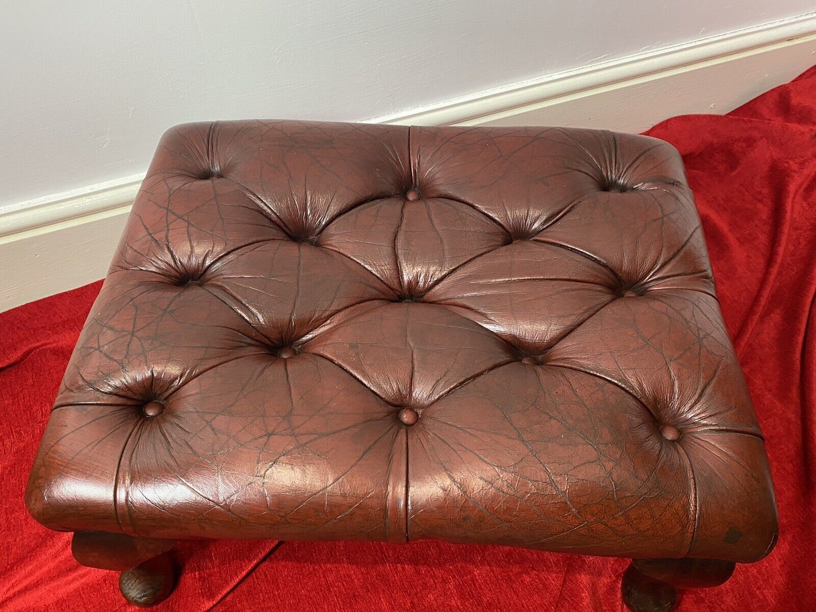 Vintage Red Leather Chesterfield Footstool Set Upon Mahogany Queen Anne Legs photo 285.0