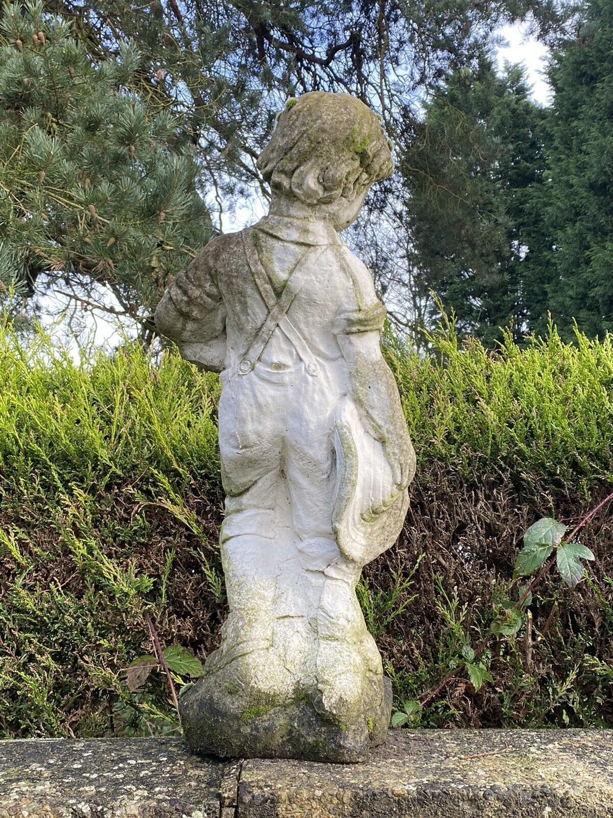 Country Estate Gardening Boy With Straw Bower Weathered Stone Garden Sculpture photo buy