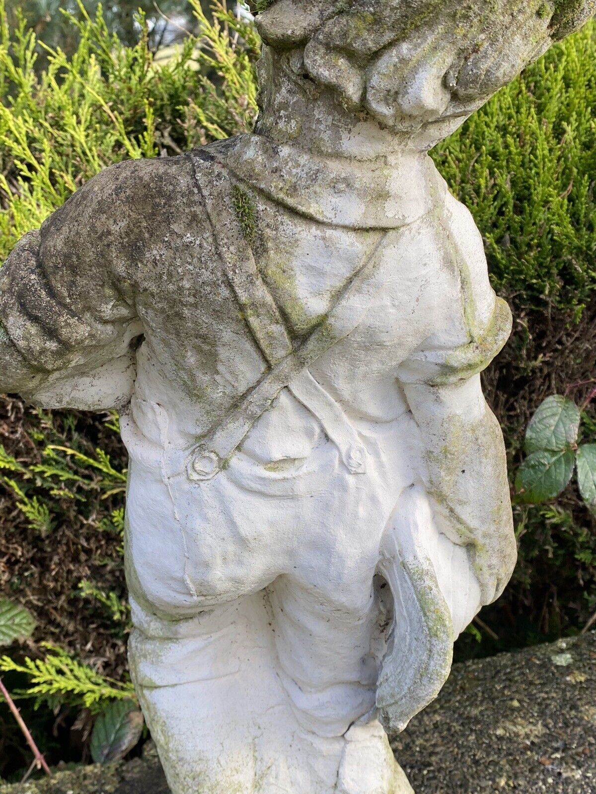 photo for sale Country Estate Gardening Boy With Straw Bower Weathered Stone Garden Sculpture