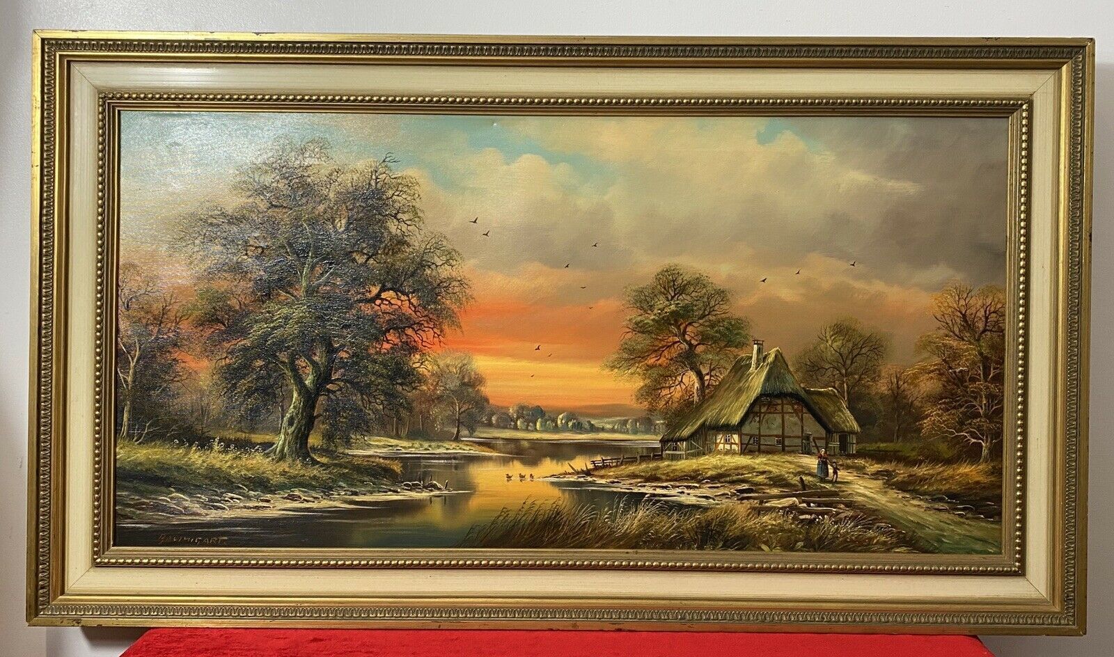 Original German Panoramic Sunset Landscape Oil Painting Artist Horst Baumgart photo furniture