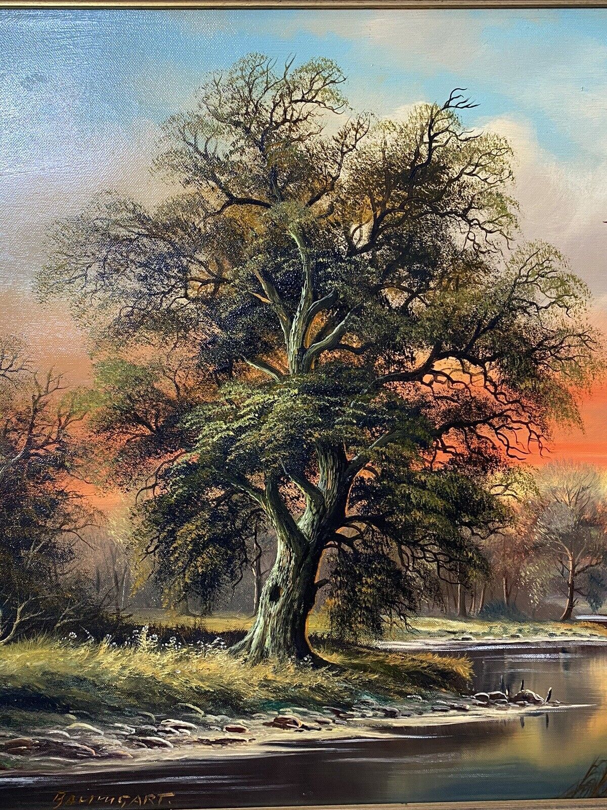 Original German Panoramic Sunset Landscape Oil Painting Artist Horst Baumgart photo vintage