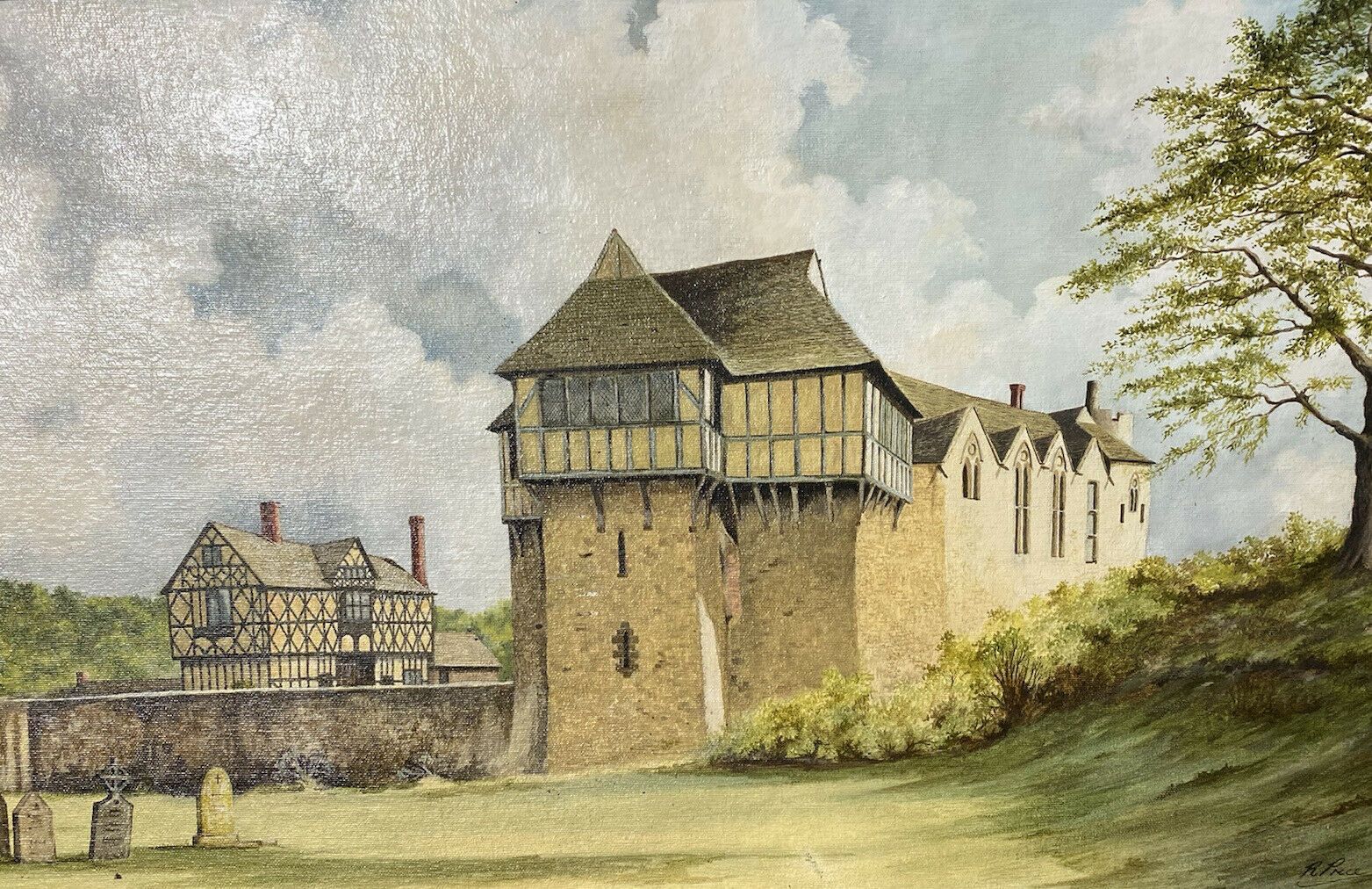 Historical 20thc Oil Painting Of Stokesay Castle Shropshire By Artist R Price photo for sale